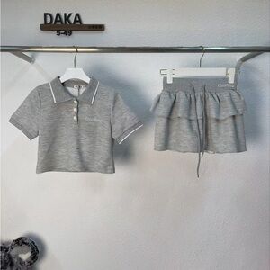 MIU MIU Grey summer set short-sleeved polo shirt + short skirt